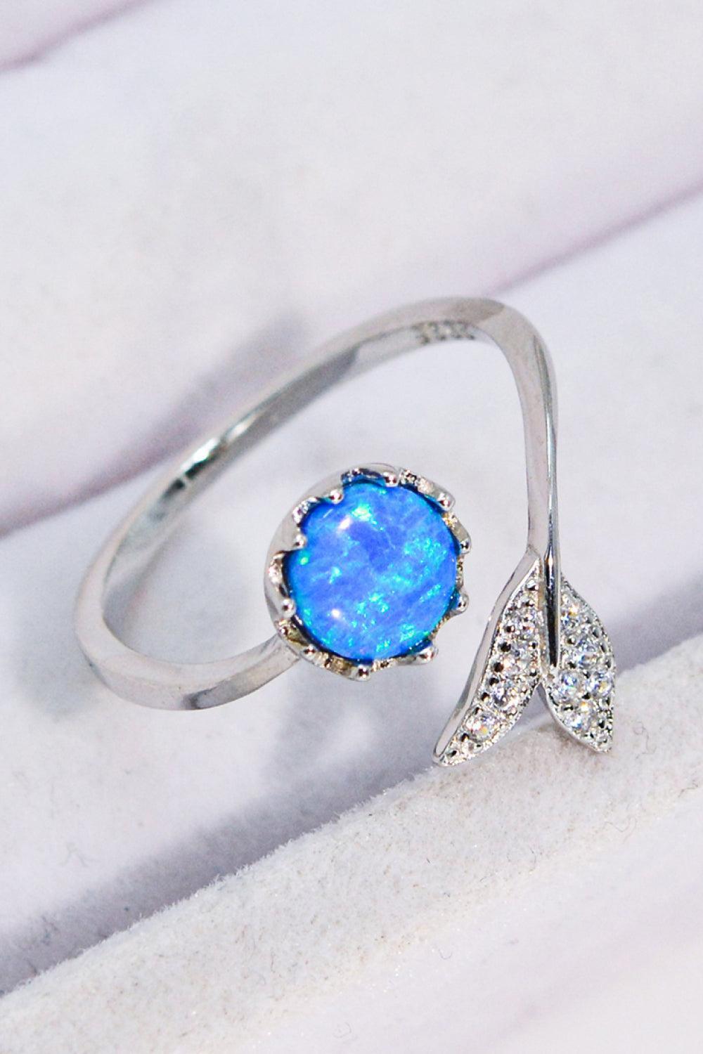 Bypass Design Fishtail Inlaid Round Blue Opal Ring - MXSTUDIO.COM