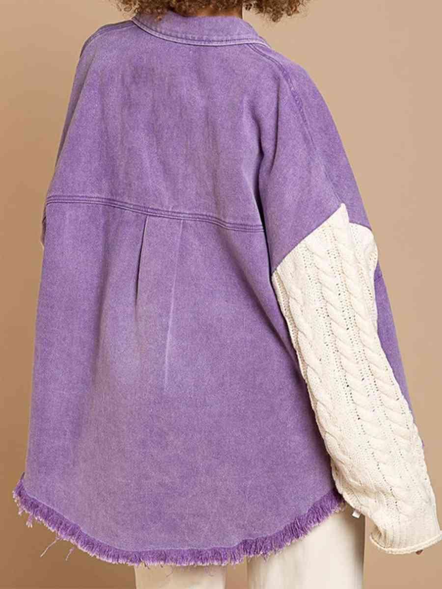 Cable-Knit Sleeve Raw Hem Purple Denim Jacket - MXSTUDIO.COM
