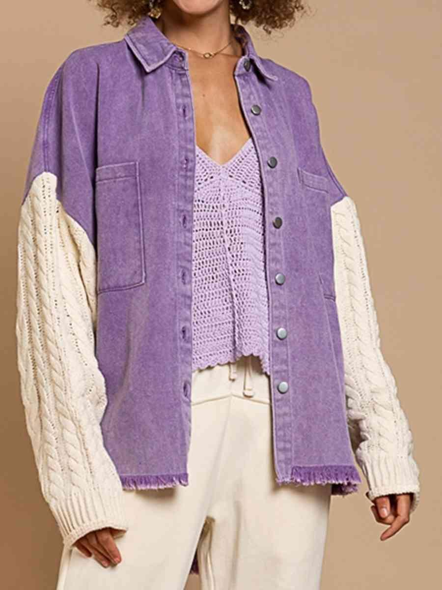 Cable-Knit Sleeve Raw Hem Purple Denim Jacket - MXSTUDIO.COM