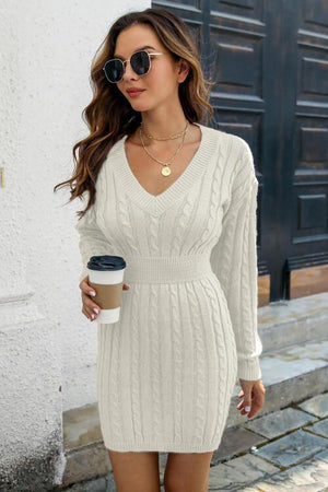 Cable-Knit V-Neck Long Sleeve Sweater Dress-MXSTUDIO.COM