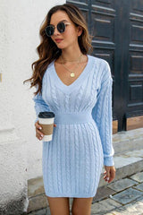 Cable-Knit V-Neck Long Sleeve Sweater Dress-MXSTUDIO.COM