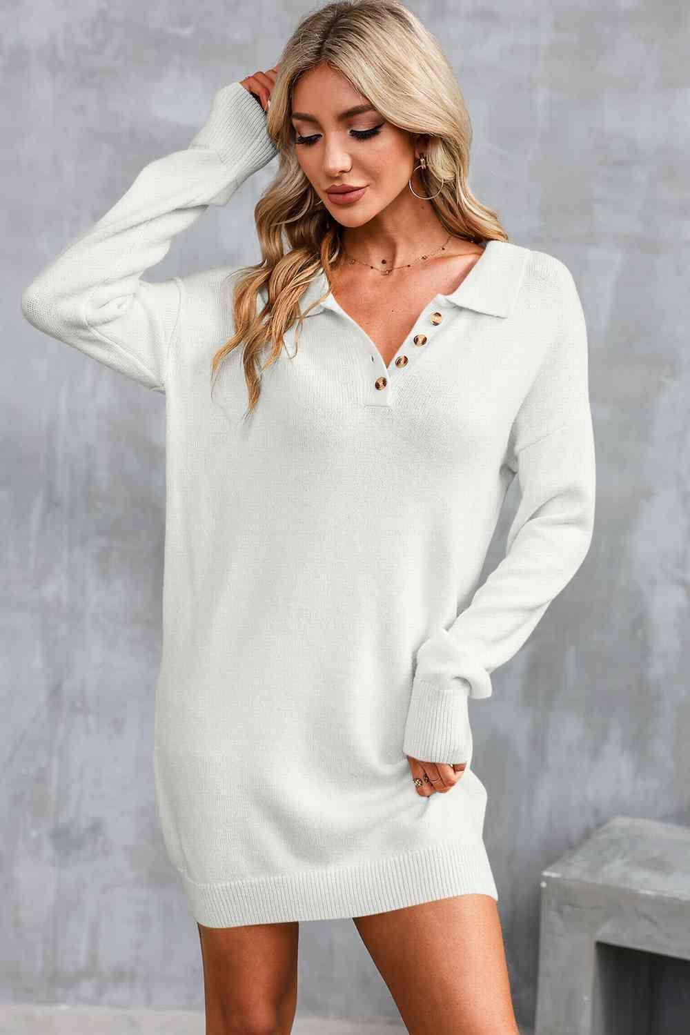 Calm And Warm Long Sleeve Collared Sweater Dress - MXSTUDIO.COM