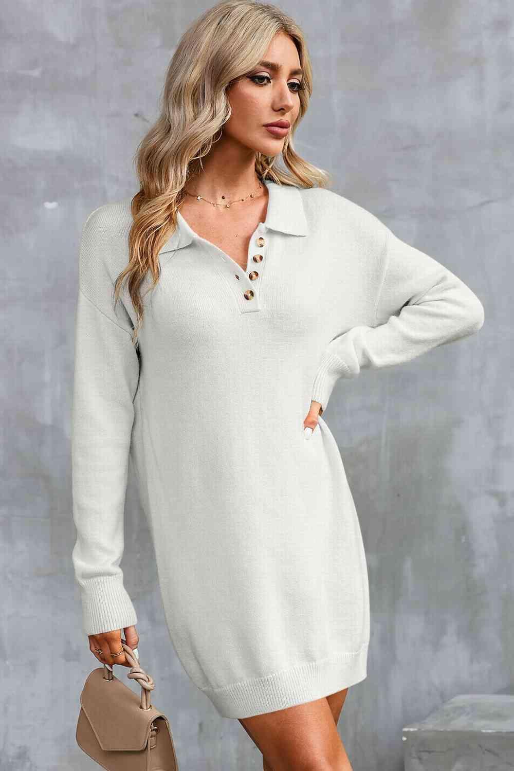 Calm And Warm Long Sleeve Collared Sweater Dress - MXSTUDIO.COM
