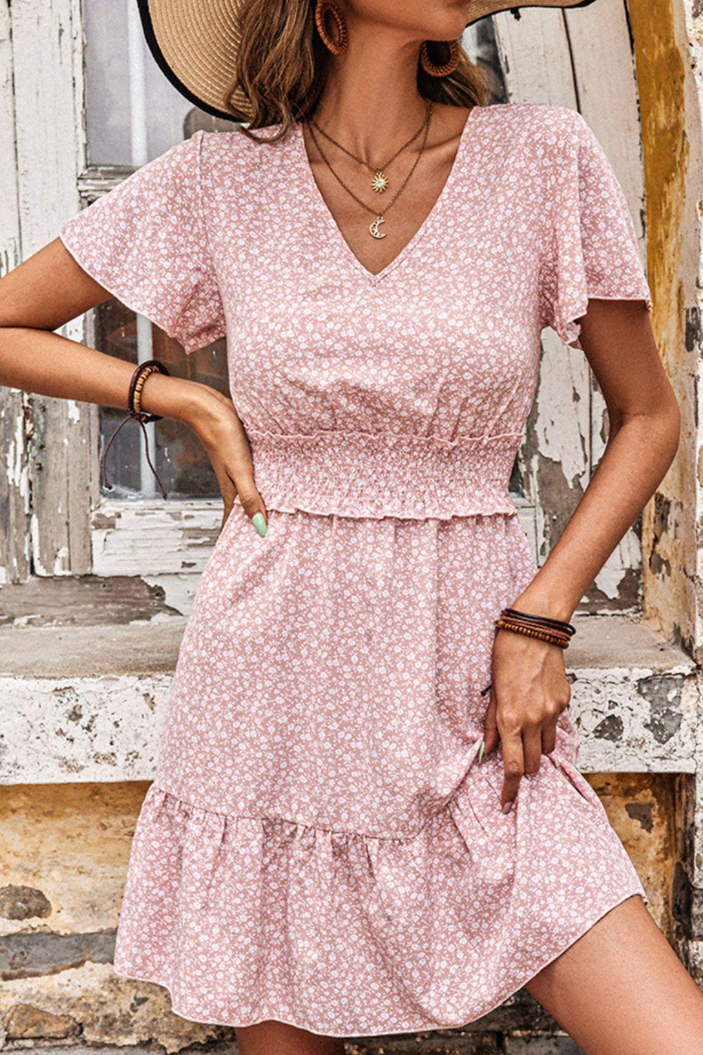 Calm Pink V-Neck Tiered Dress - MXSTUDIO.COM