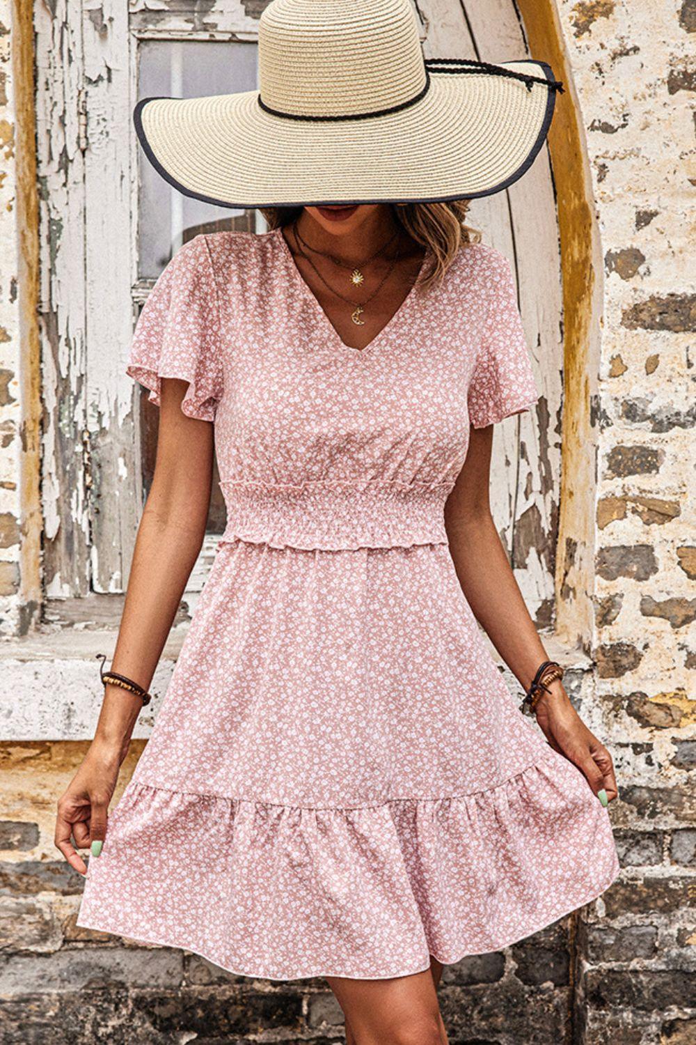 Calm Pink V-Neck Tiered Dress - MXSTUDIO.COM