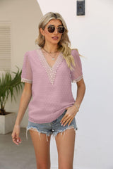 Calm Saturday Short Sleeve V Neck Blouse - MXSTUDIO.COM