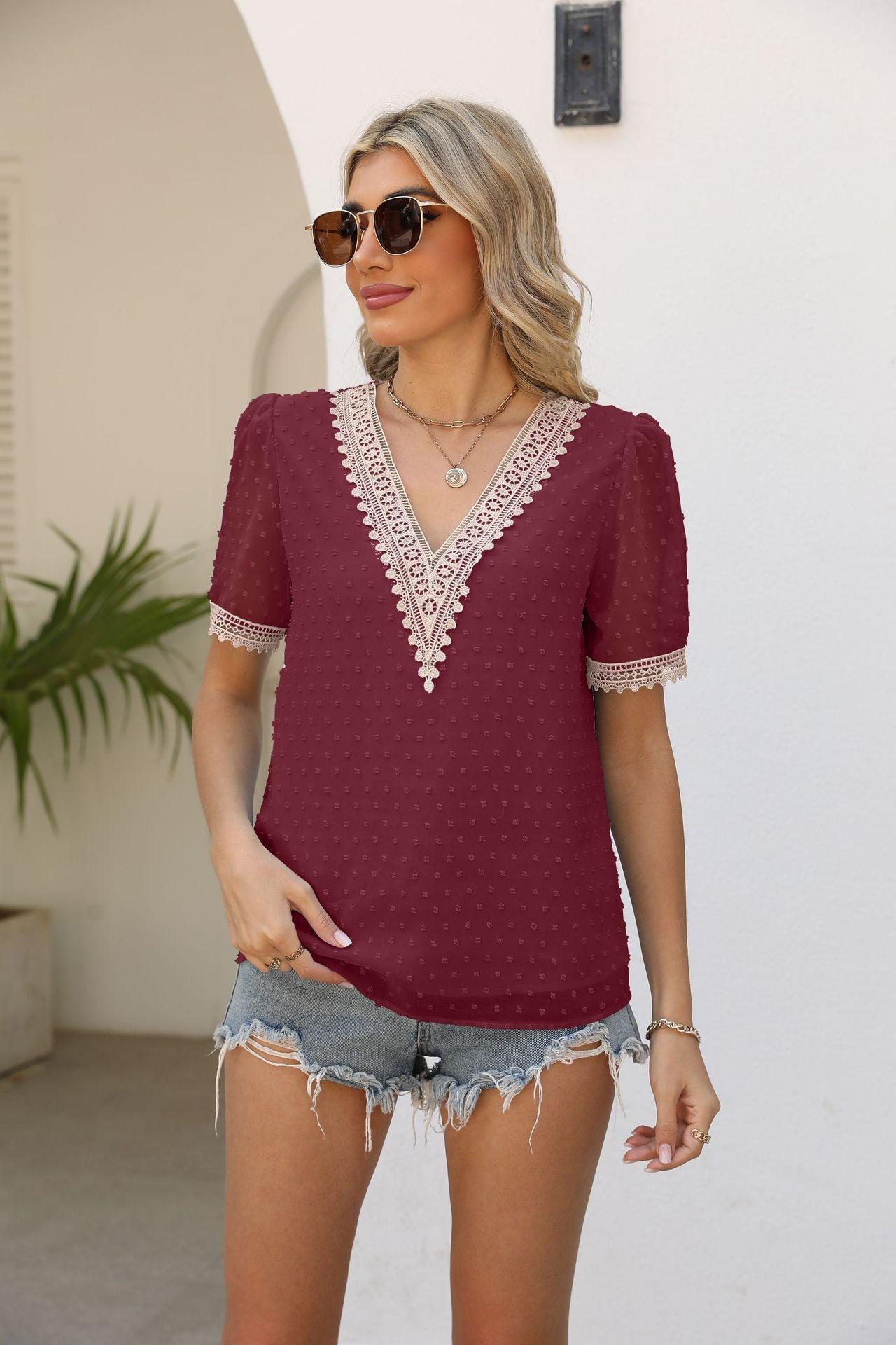 Calm Saturday Short Sleeve V Neck Blouse - MXSTUDIO.COM