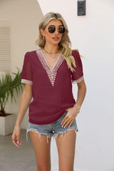 Calm Saturday Short Sleeve V Neck Blouse - MXSTUDIO.COM