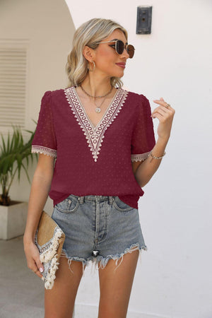 Calm Saturday Short Sleeve V Neck Blouse - MXSTUDIO.COM