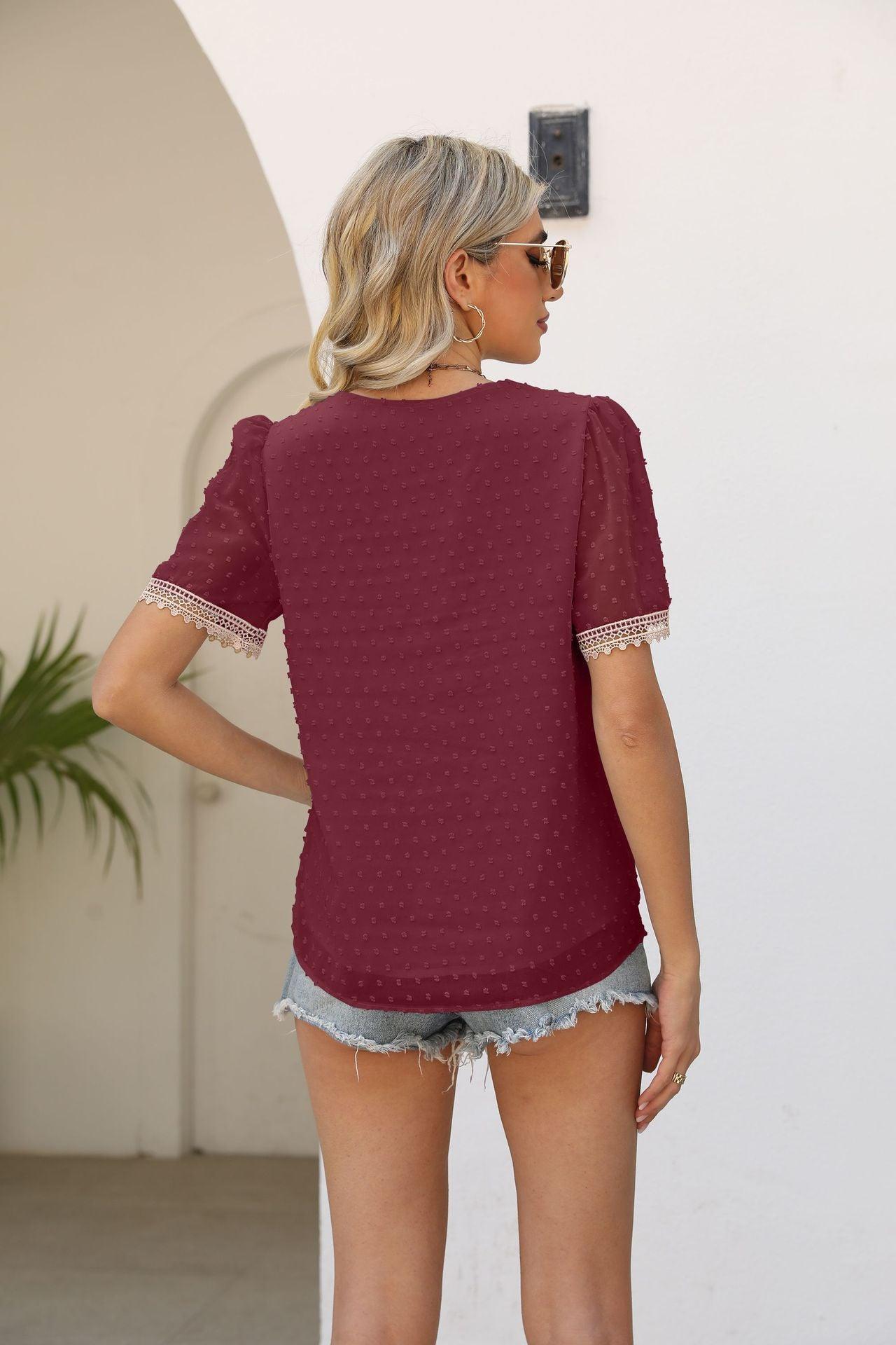 Calm Saturday Short Sleeve V Neck Blouse - MXSTUDIO.COM