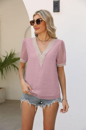 Calm Saturday Short Sleeve V Neck Blouse - MXSTUDIO.COM