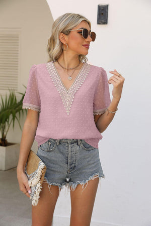 Calm Saturday Short Sleeve V Neck Blouse - MXSTUDIO.COM