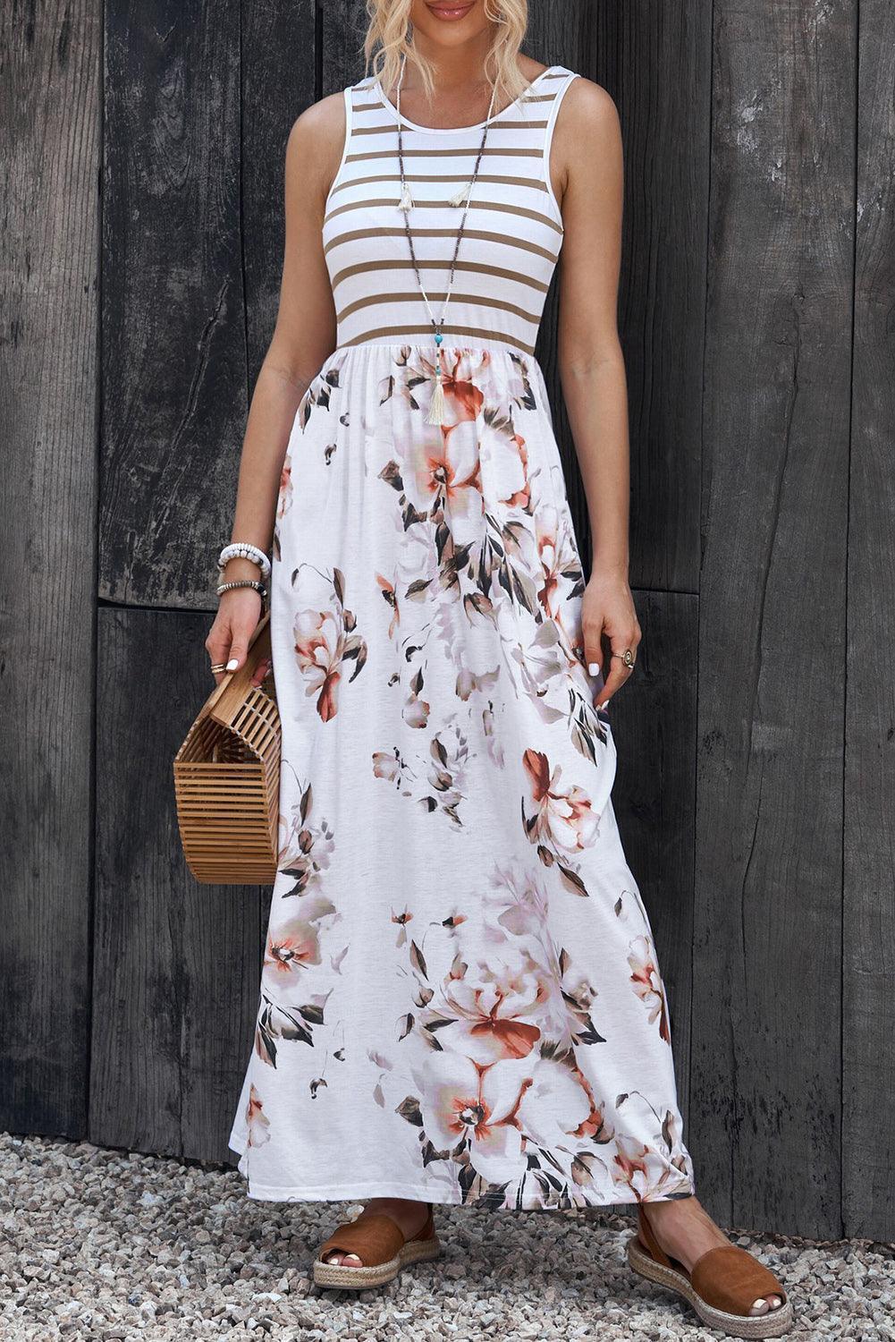 Calm Summer Sleeveless White Maxi Floral Dress - MXSTUDIO.COM