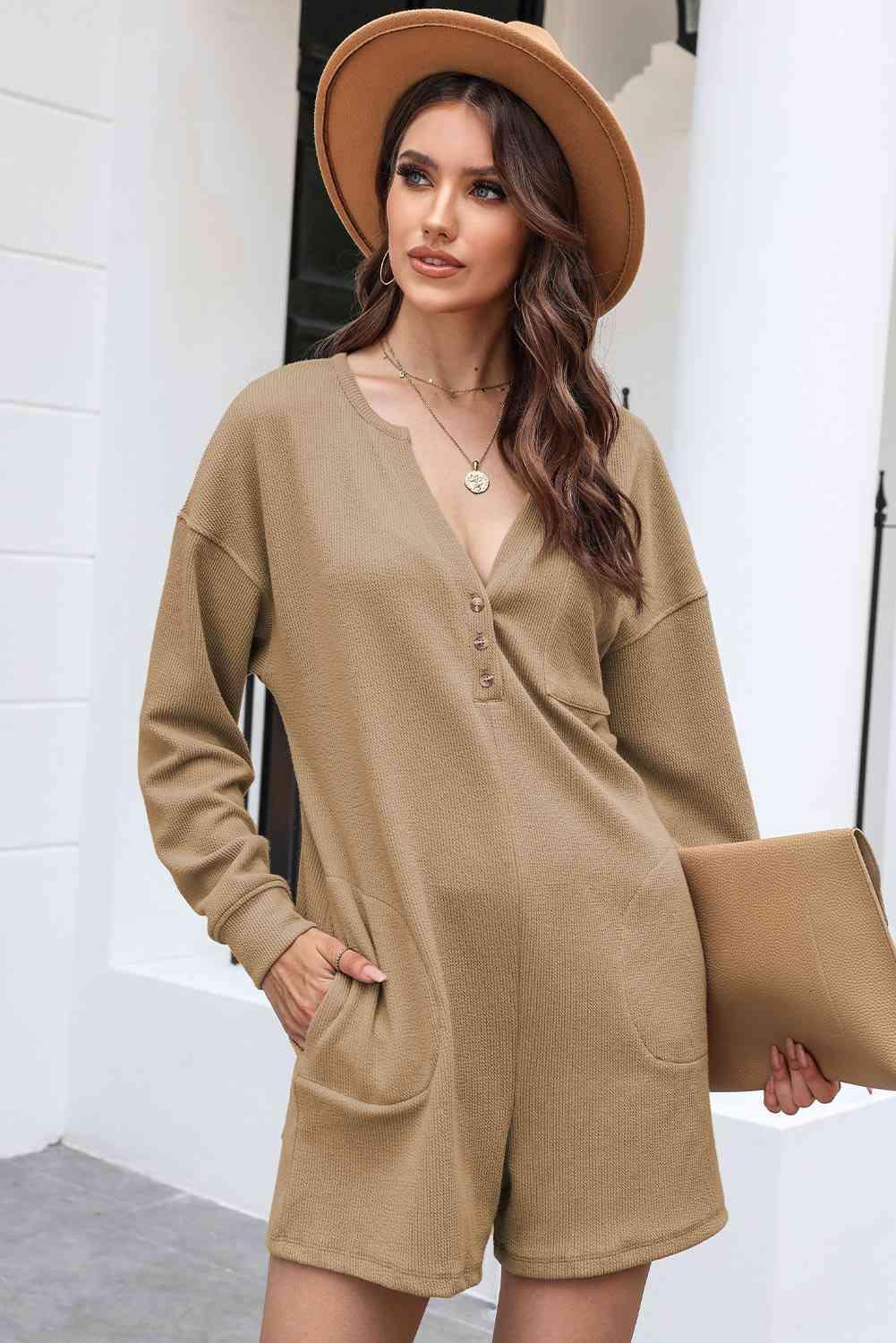 Calm Vibe Notched Neck Long Sleeve Romper - MXSTUDIO.COM