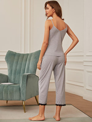 Calming Lace Trim Slit Cami and Pants Pajama Set - MXSTUDIO.COM