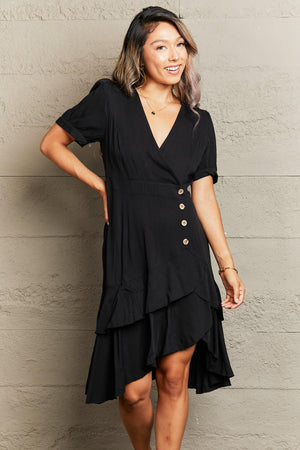 Capture Attention Ruffle Hem Black V-Neck Dress - MXSTUDIO.COM