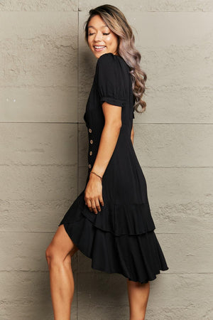 Capture Attention Ruffle Hem Black V-Neck Dress - MXSTUDIO.COM