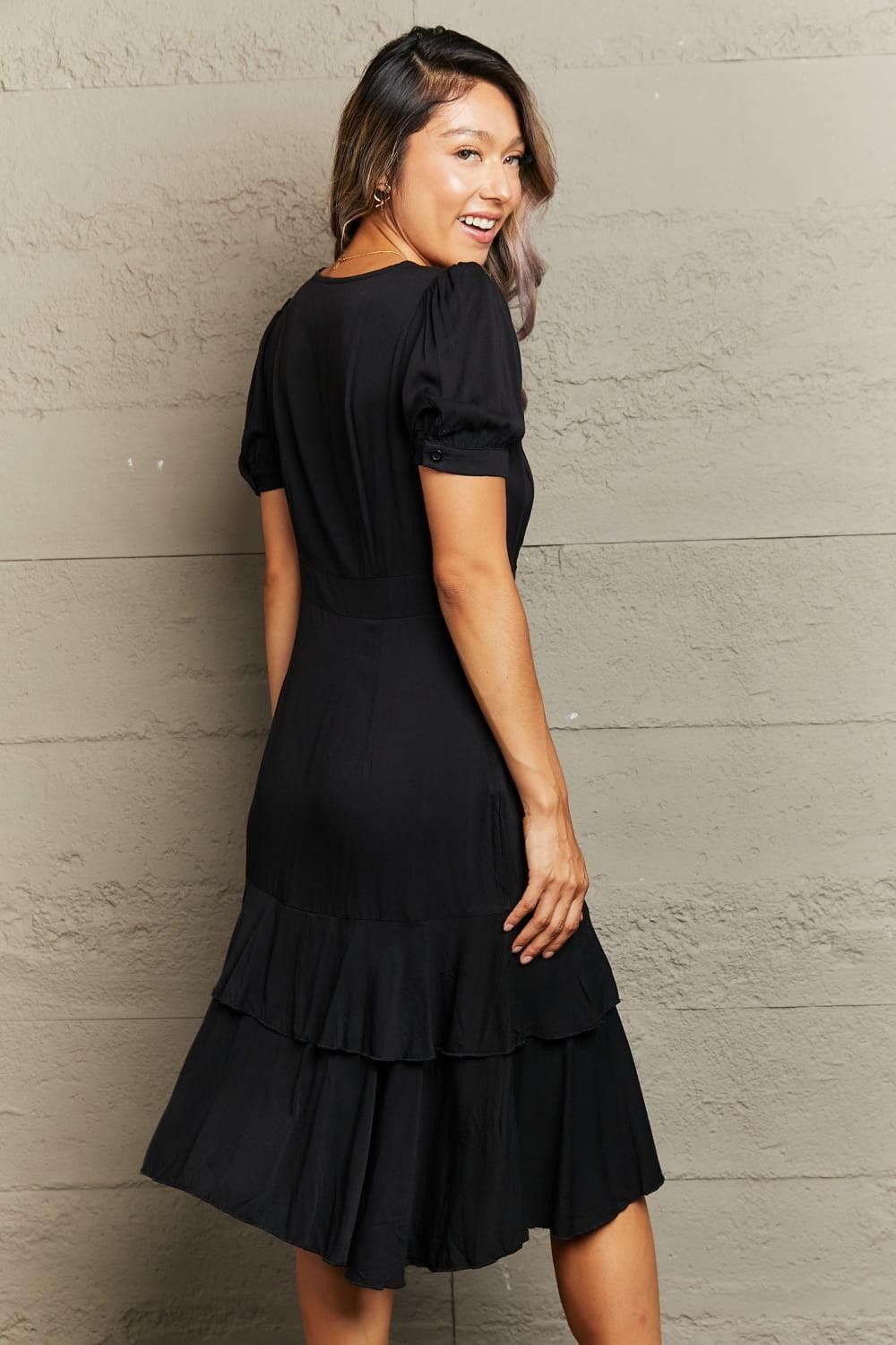 Capture Attention Ruffle Hem Black V-Neck Dress - MXSTUDIO.COM