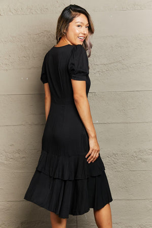 Capture Attention Ruffle Hem Black V-Neck Dress - MXSTUDIO.COM