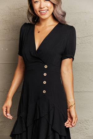 Capture Attention Ruffle Hem Black V-Neck Dress - MXSTUDIO.COM