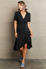 Capture Attention Ruffle Hem Black V-Neck Dress - MXSTUDIO.COM