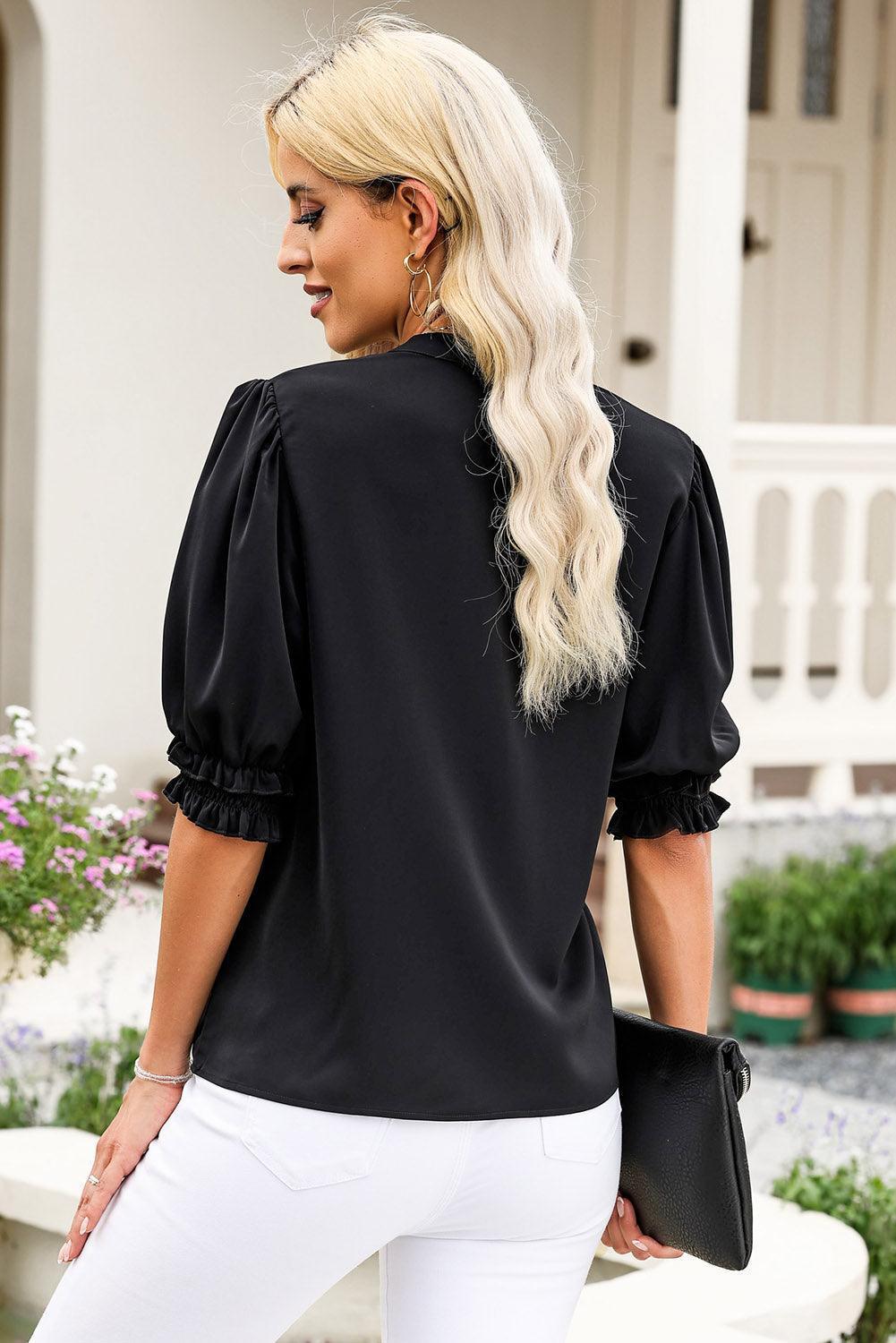 Career Woman Black Puff Sleeve Blouse - MXSTUDIO.COM