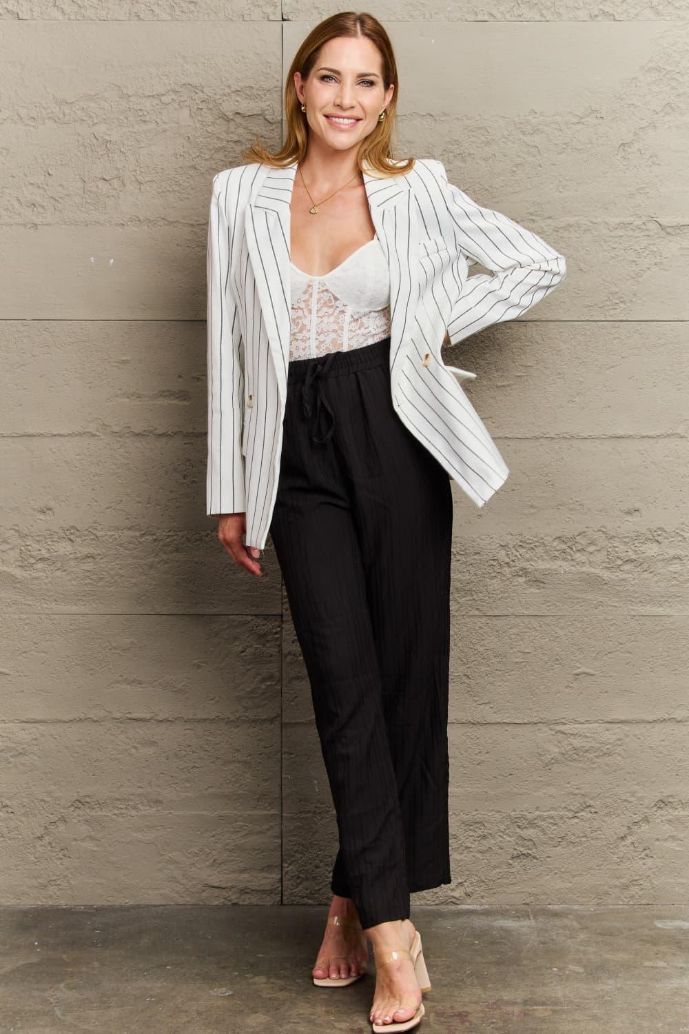 Career Woman Long Sleeve Collared Striped Blazer - MXSTUDIO.COM