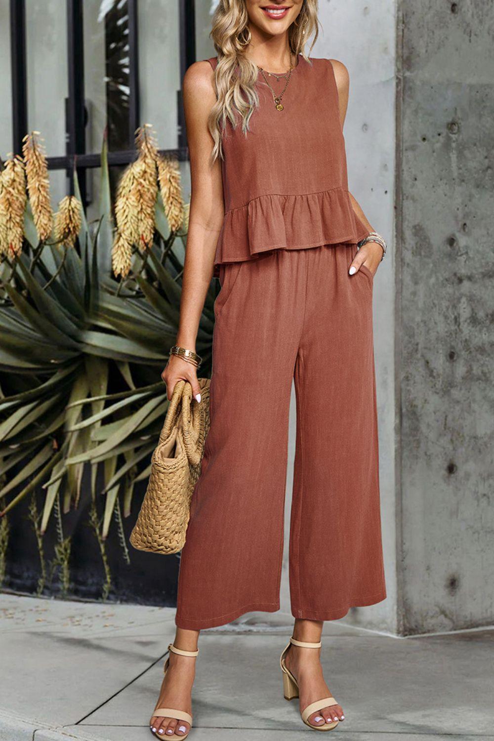 Career Woman Ruffle Sleeveless Top and Pants Set - MXSTUDIO.COM