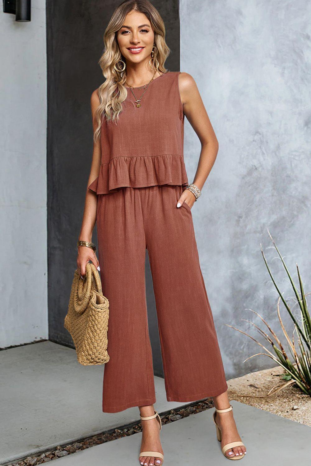 Career Woman Ruffle Sleeveless Top and Pants Set - MXSTUDIO.COM