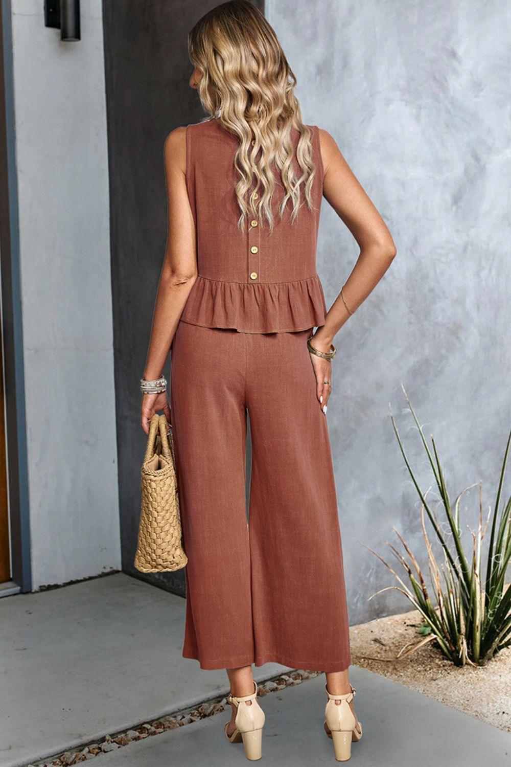 Career Woman Ruffle Sleeveless Top and Pants Set - MXSTUDIO.COM