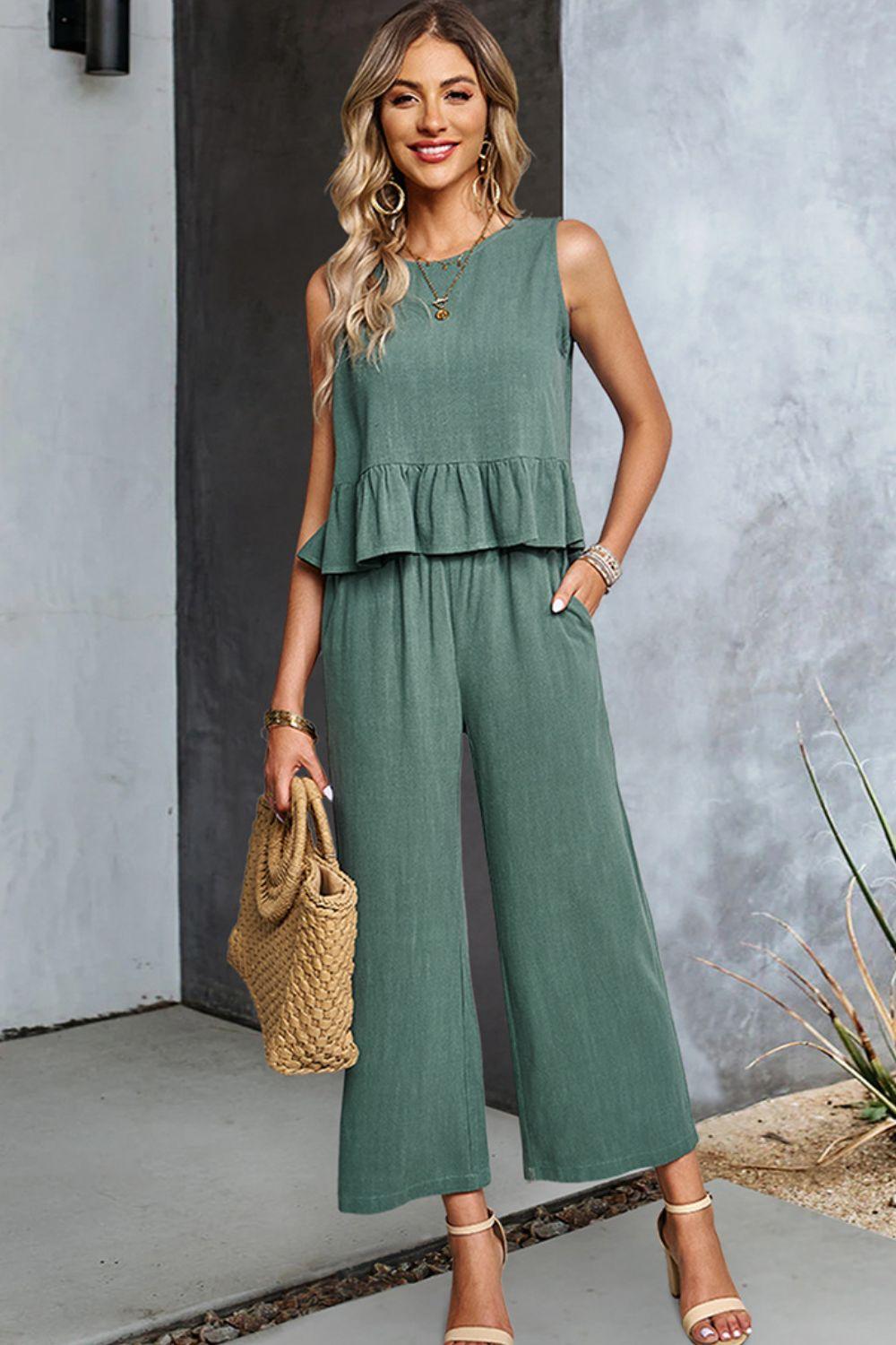 Career Woman Ruffle Sleeveless Top and Pants Set - MXSTUDIO.COM