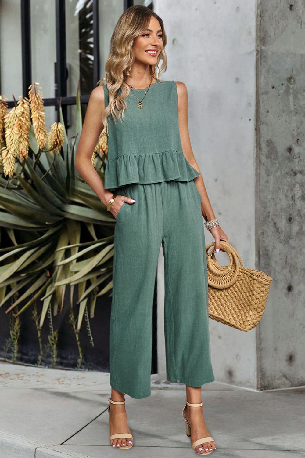 Career Woman Ruffle Sleeveless Top and Pants Set - MXSTUDIO.COM