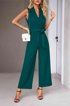 Career Woman Tie Waist Sleeveless Collared Jumpsuit - MXSTUDIO.COM