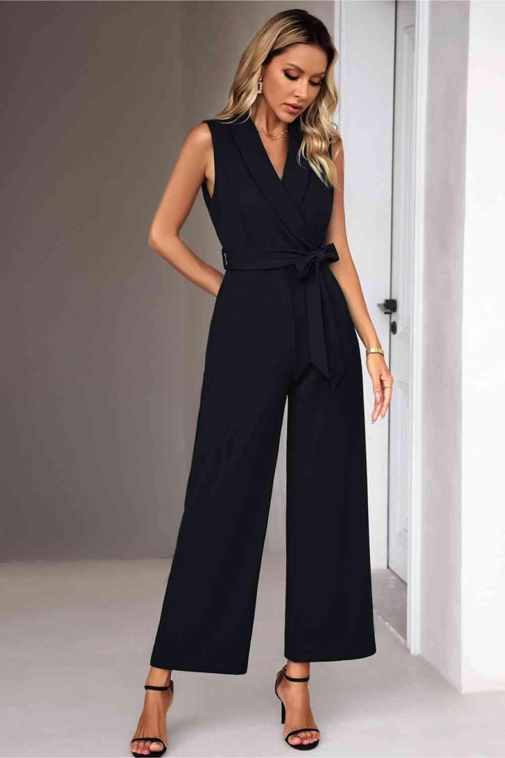 Career Woman Tie Waist Sleeveless Collared Jumpsuit - MXSTUDIO.COM