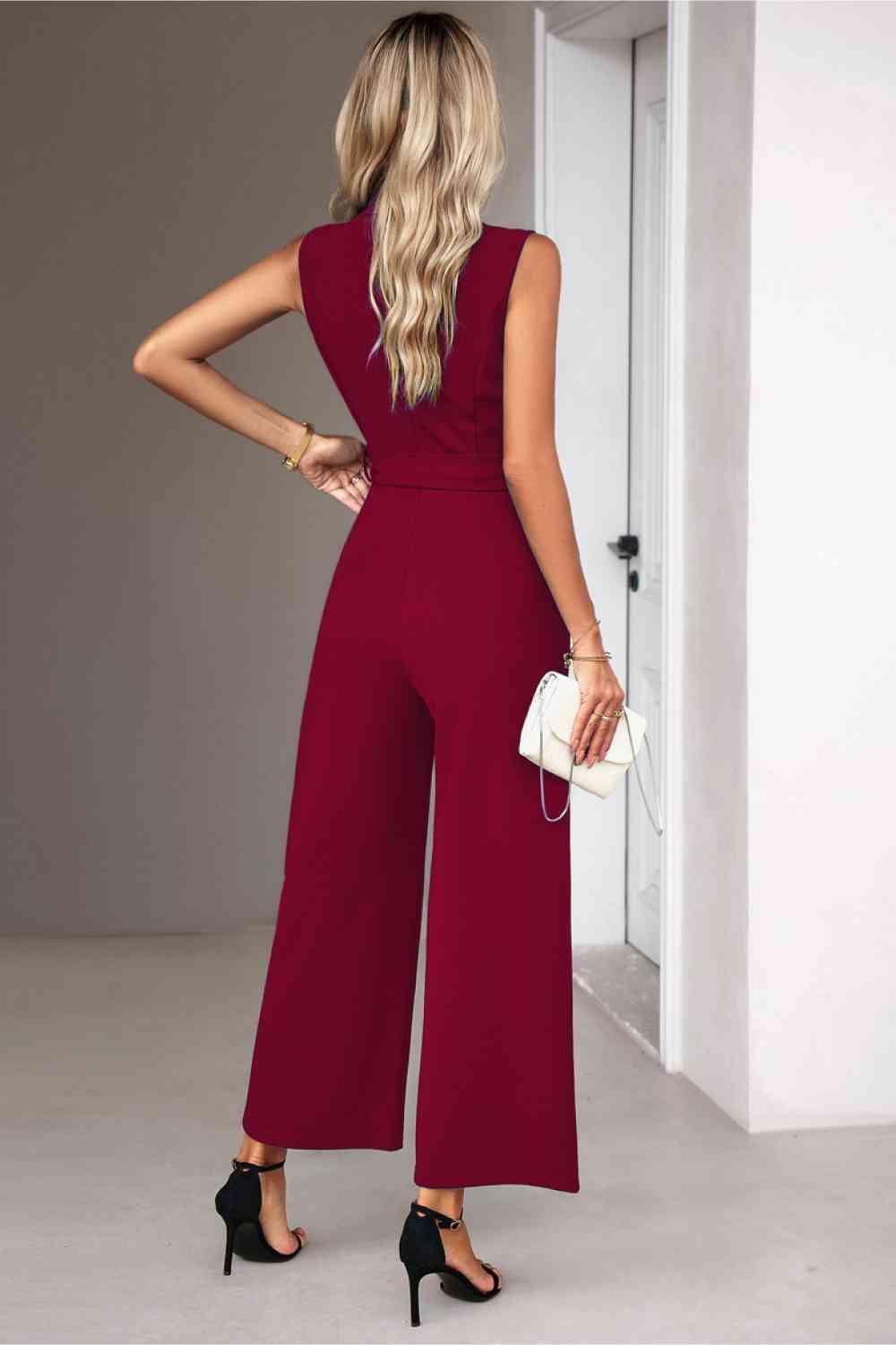 Career Woman Tie Waist Sleeveless Collared Jumpsuit - MXSTUDIO.COM