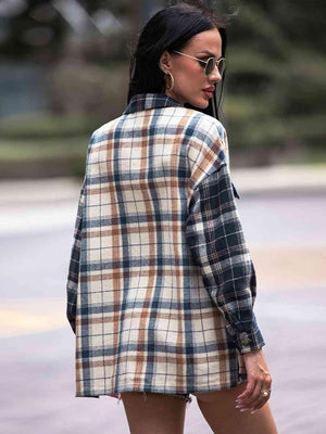 Carefree And Warm Button Front Collared Plaid Shacket-MXSTUDIO.COM