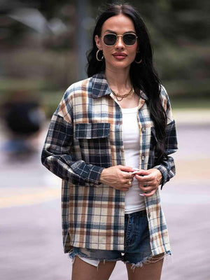 Carefree And Warm Button Front Collared Plaid Shacket-MXSTUDIO.COM