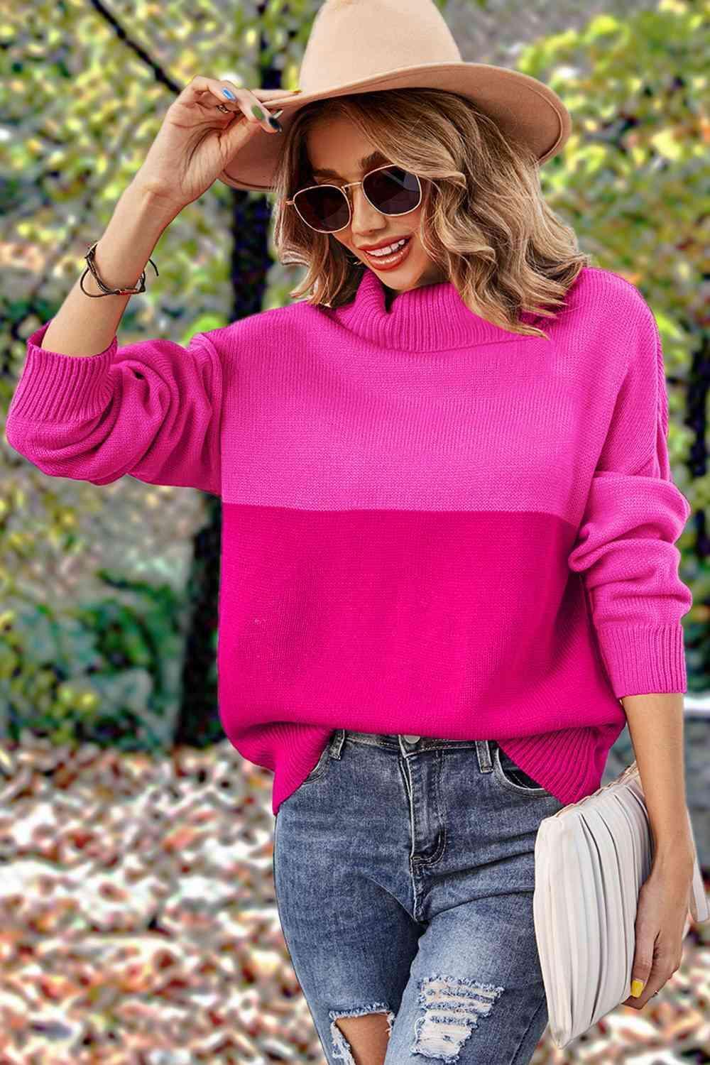 Carefree And Warm Color Block Turtleneck Sweater - MXSTUDIO.COM