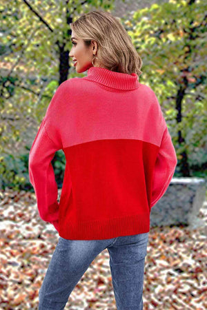 Carefree And Warm Color Block Turtleneck Sweater - MXSTUDIO.COM