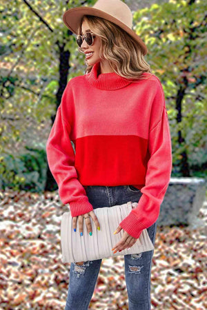 Carefree And Warm Color Block Turtleneck Sweater - MXSTUDIO.COM