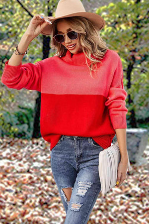 Carefree And Warm Color Block Turtleneck Sweater - MXSTUDIO.COM