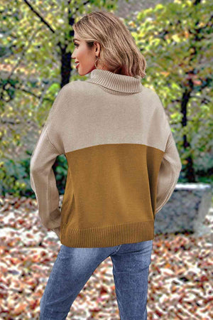 Carefree And Warm Color Block Turtleneck Sweater - MXSTUDIO.COM