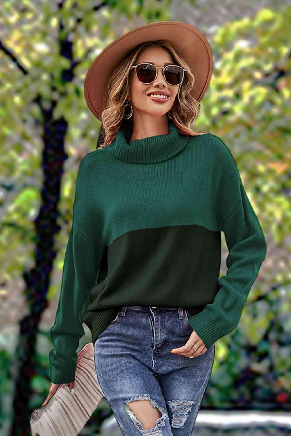 Carefree And Warm Color Block Turtleneck Sweater - MXSTUDIO.COM