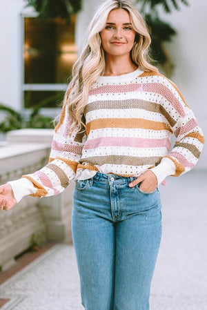 Carefree Autumn Open Knit Striped Sweater-MXSTUDIO.COM