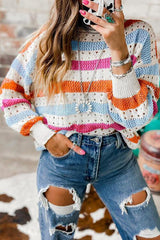 Carefree Autumn Open Knit Striped Sweater-MXSTUDIO.COM