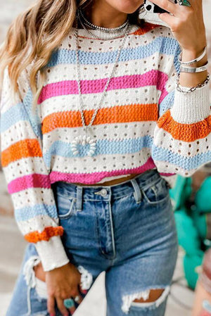 Carefree Autumn Open Knit Striped Sweater-MXSTUDIO.COM