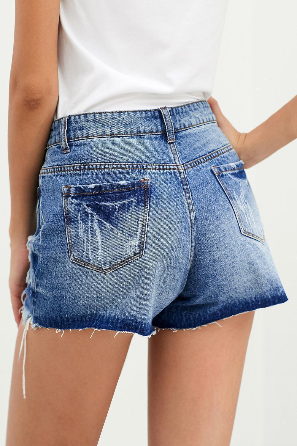 Carefree Button Fly Mid Rise Distressed Denim Shorts - MXSTUDIO.COM