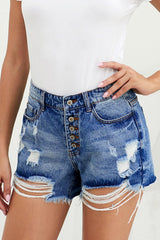 Carefree Button Fly Mid Rise Distressed Denim Shorts - MXSTUDIO.COM