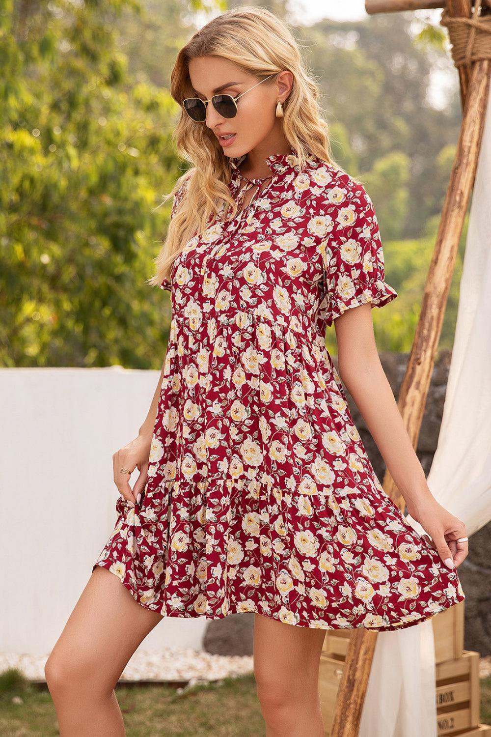 Carefree Floral Ruffle Trim Dress - MXSTUDIO.COM