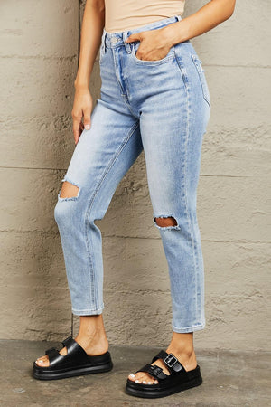 Carefree High Waist Cropped Distressed Jeans - MXSTUDIO.COM